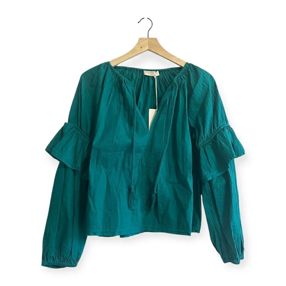 Ulla Johnson Concetta Cotton Blouse, Size 2, Color Verdigris, puff sleeves, NWT